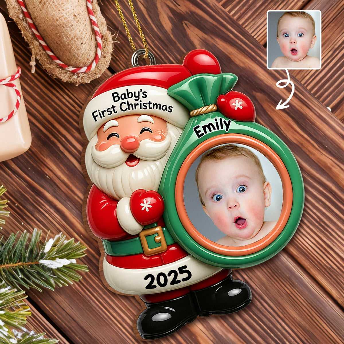 Baby's First Christmas Ornament, Custom Photo Wood Ornament