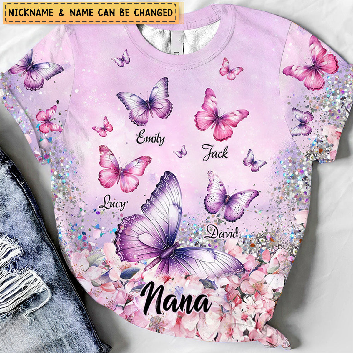 Personalized Flowery Butterfly 3D T-shirt Gift For Grandma, Mom, Auntie