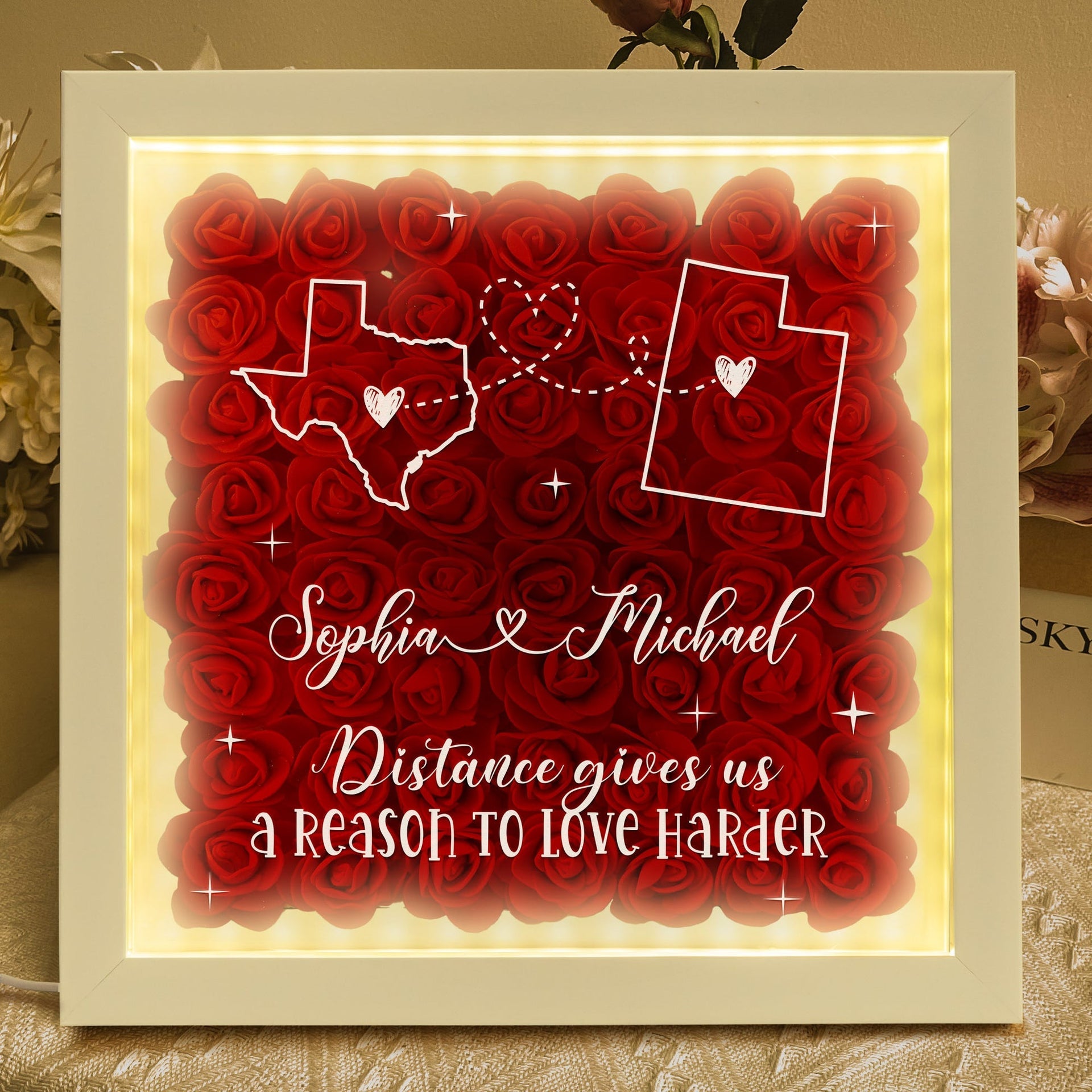 Long Distance Relationship For Couples - Personalized Flower Shadow Box With LED Light