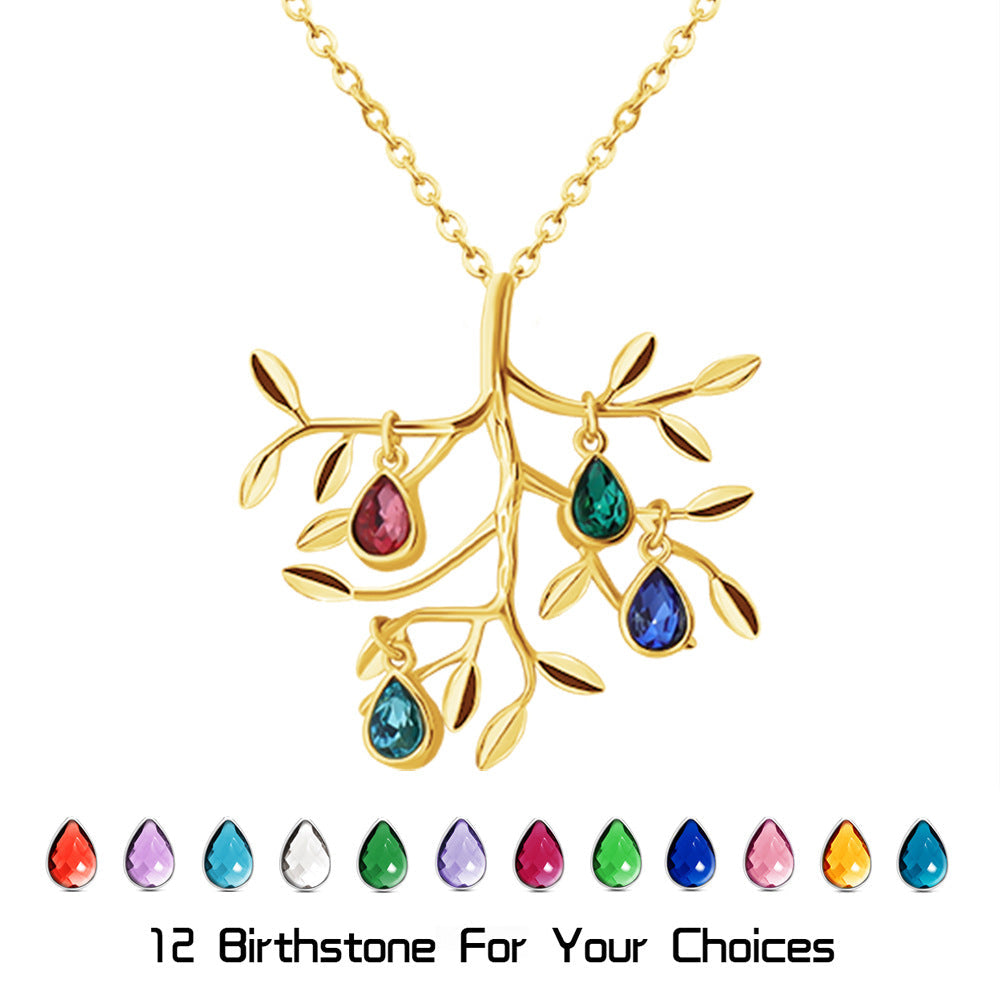 Personalized Family Tree Necklace: Initial Leaf Charms, Birthstone Jewelry
