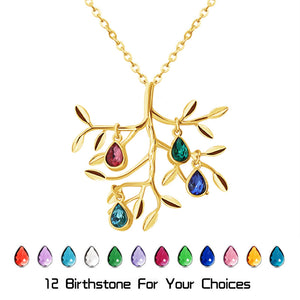 Personalized Family Tree Necklace: Initial Leaf Charms, Birthstone Jewelry