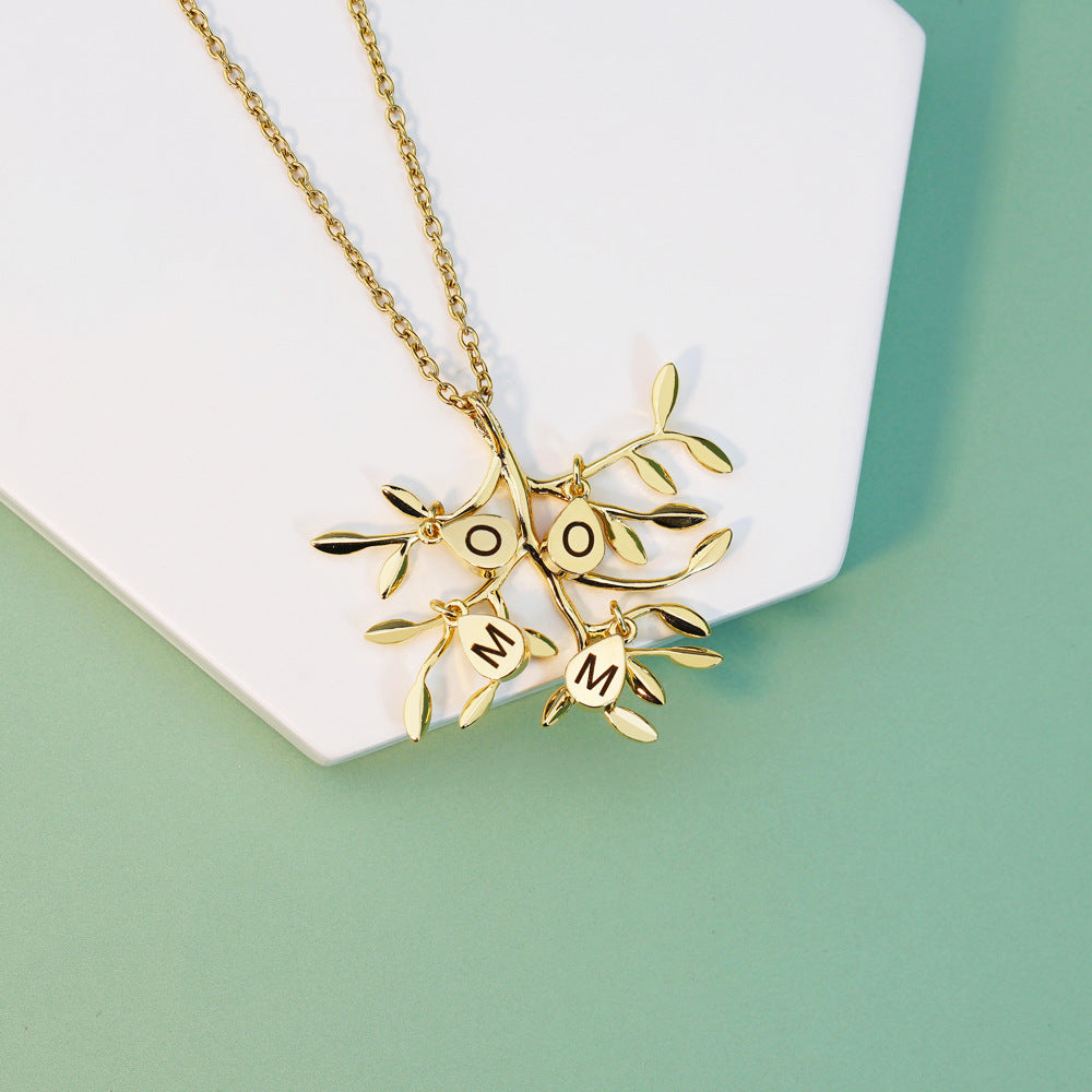 Personalized Family Tree Necklace: Initial Leaf Charms, Birthstone Jewelry