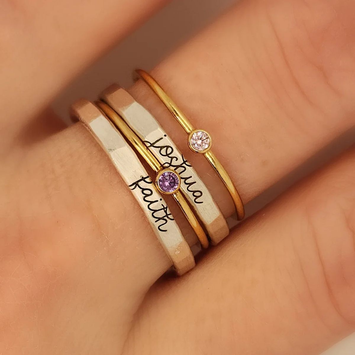 Personalized Name and Birthstone Stackable Rings