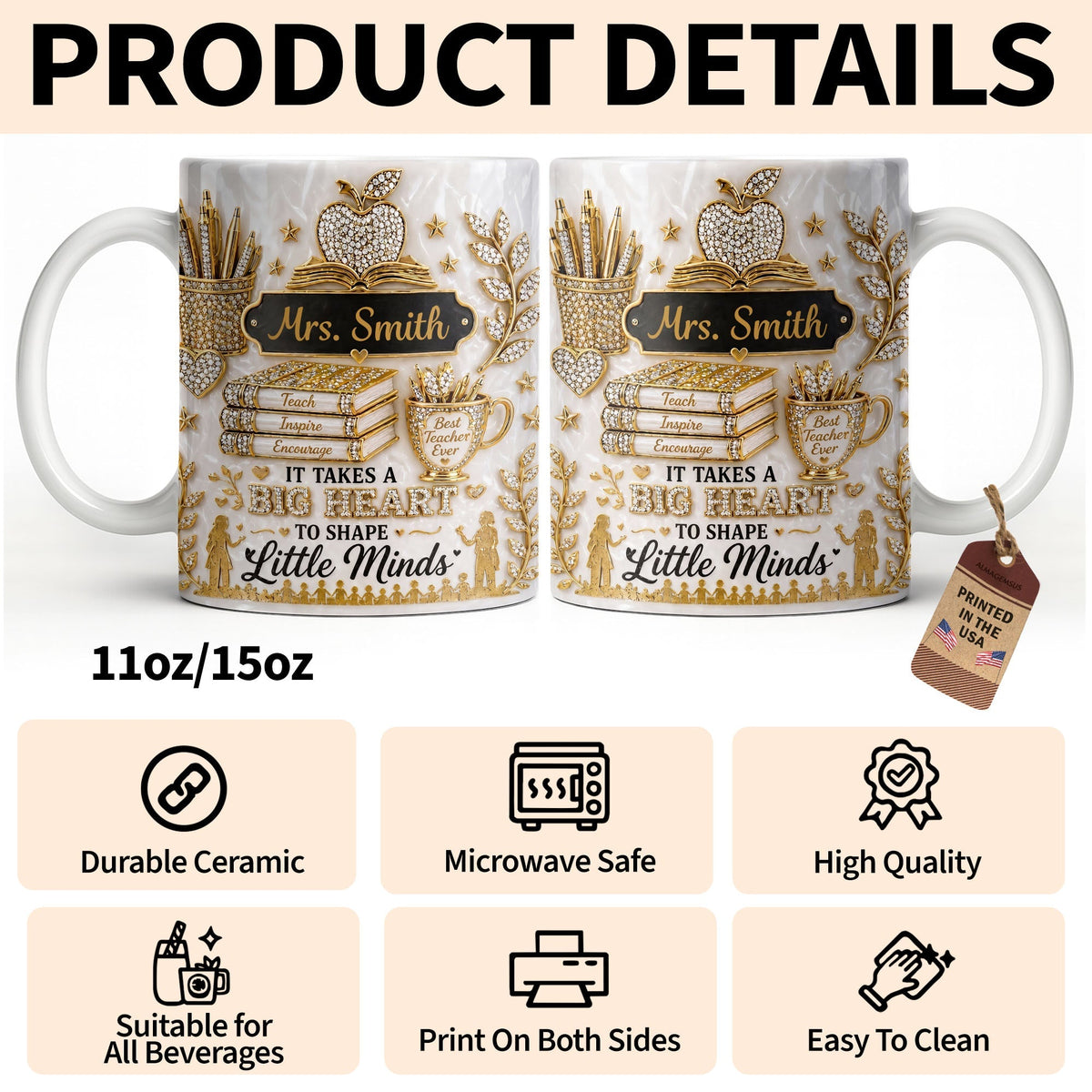Teacher Gift – Personalized "Teach, Inspire, Encourage" Coffee Mug
