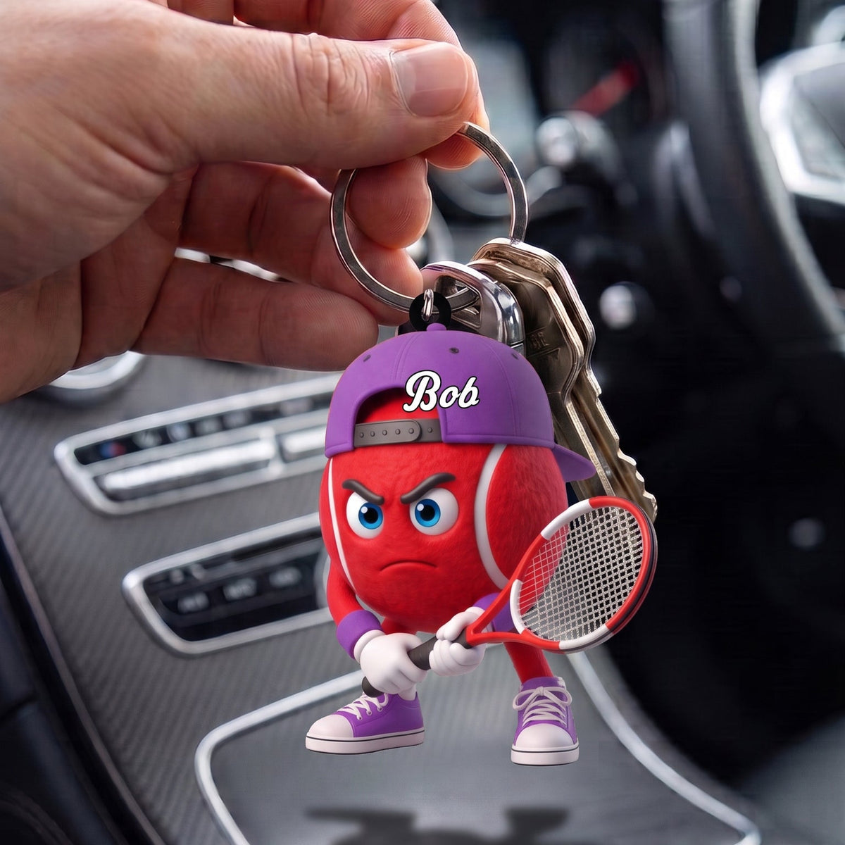 Ready Position Tennis Keychain Personalized Cool Tennis Ball Mascot Keychain