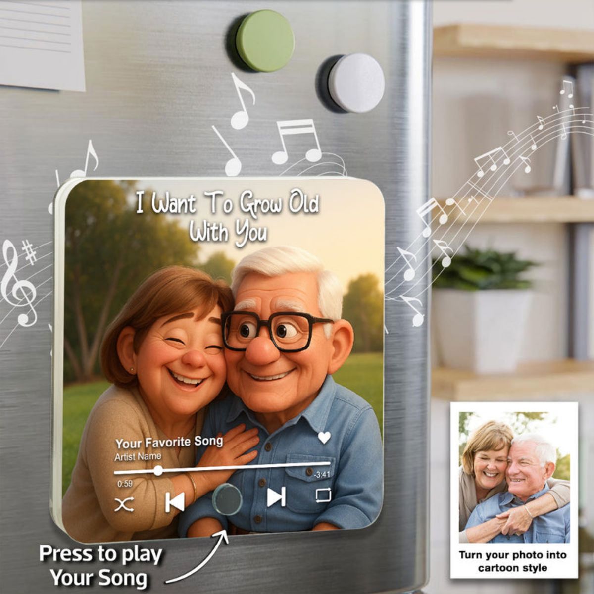 I Want to Grow Old with You Cartoon Couple Personalized Music Fridge Magnet, Heartfelt 2025 Gift, Anniversary Gift For Couple, For Him, For Her, Husband, Wife