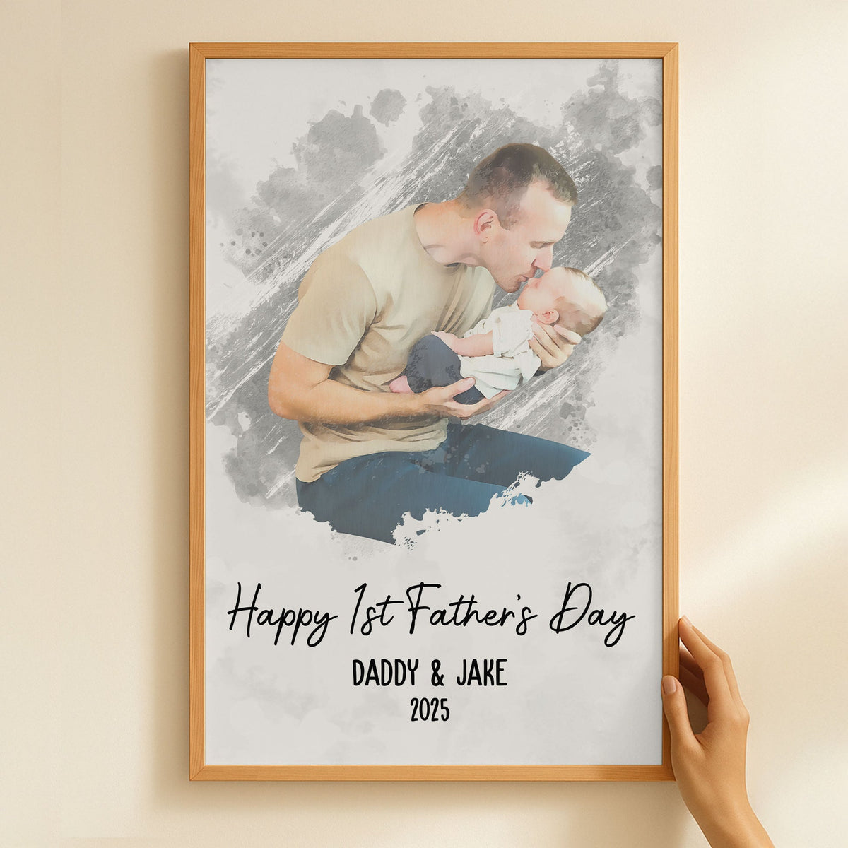 Happy 1st Father's Day - Watercolor Style Personalized Photo Poster/Canvas