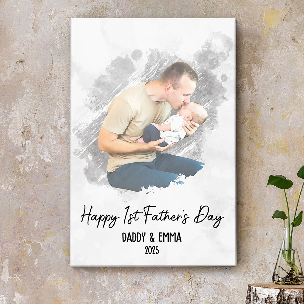 Happy 1st Father's Day - Watercolor Style Personalized Photo Poster/Canvas