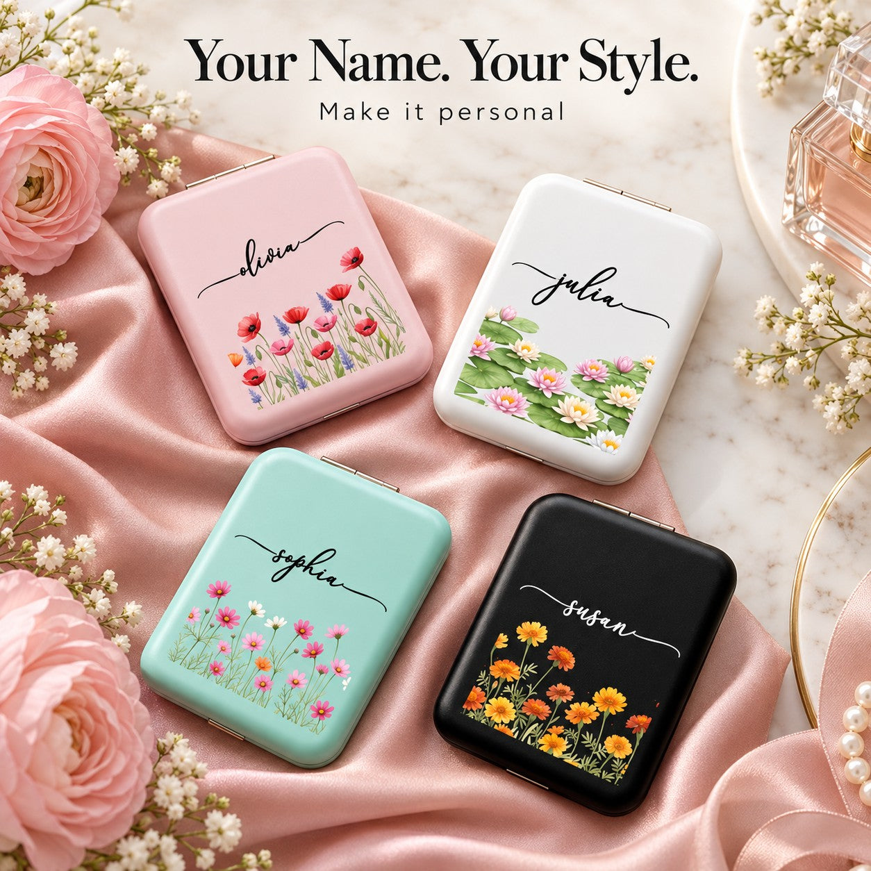 Personalized Birth Flower Mirror – Custom Name Birthday Gift For Her, Sisters, Daughters & Friends