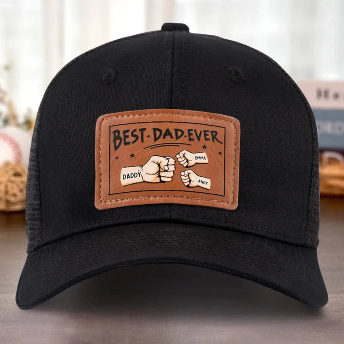 Best Dad Ever - Family Personalized Custom Leather Patch Hat - Gift For Father Grandpa