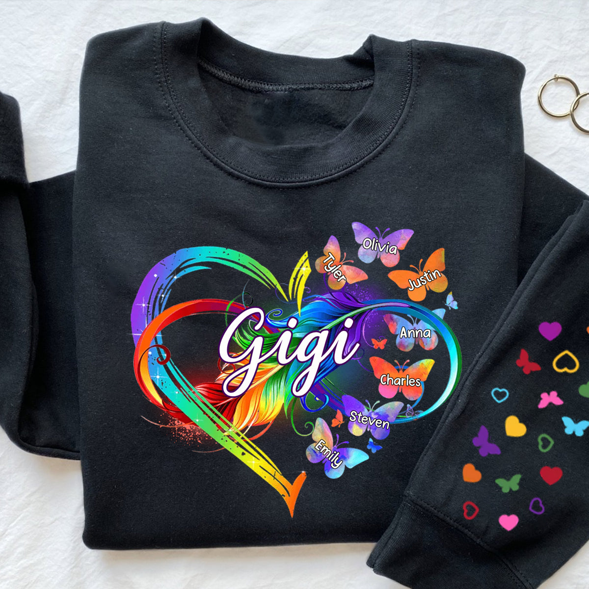 Grandma Mom Infinity Heart Butterflies Personalized Sleeve Printed Sweatshirt