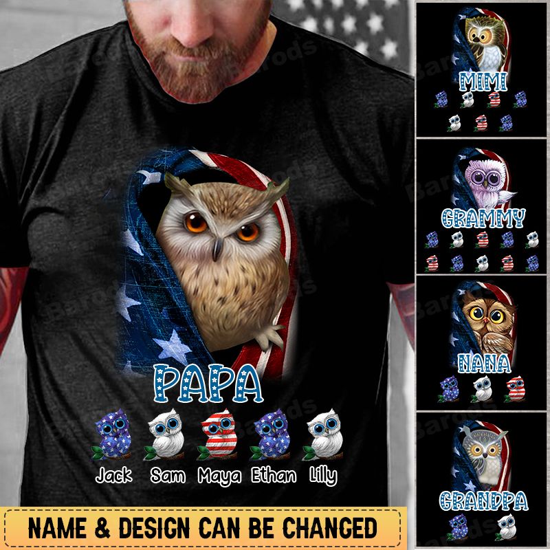 Personalized Owl Grandma Grandpa Kid Independence Day T-shirt
