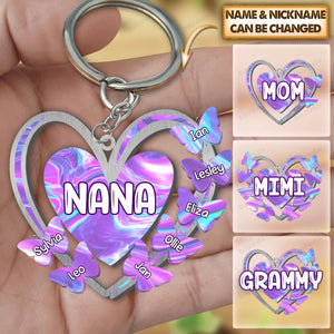 Grandma, Mom, Nana Hologram Heart Butterfly Kids - Personalized Keychain