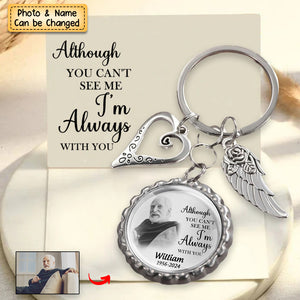 Personalized Memorial Photo Small Disc Keychain With Wings Heart Charm