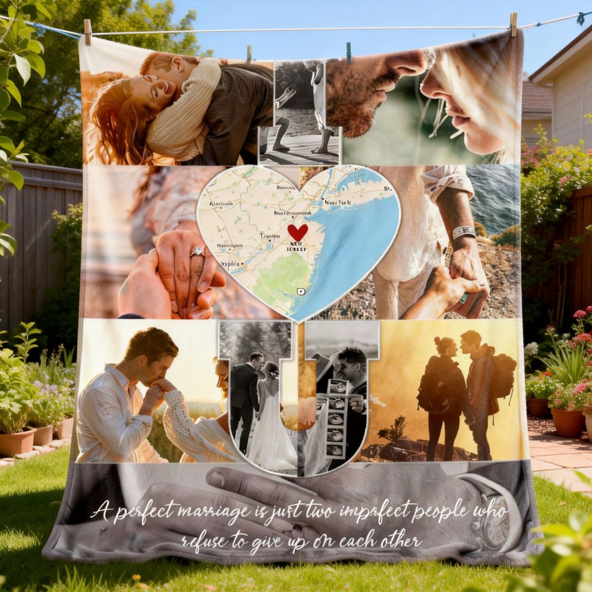 I Love You - Custom Map Photo Collage Blanket Personalized Couple Anniversary Wedding Gift