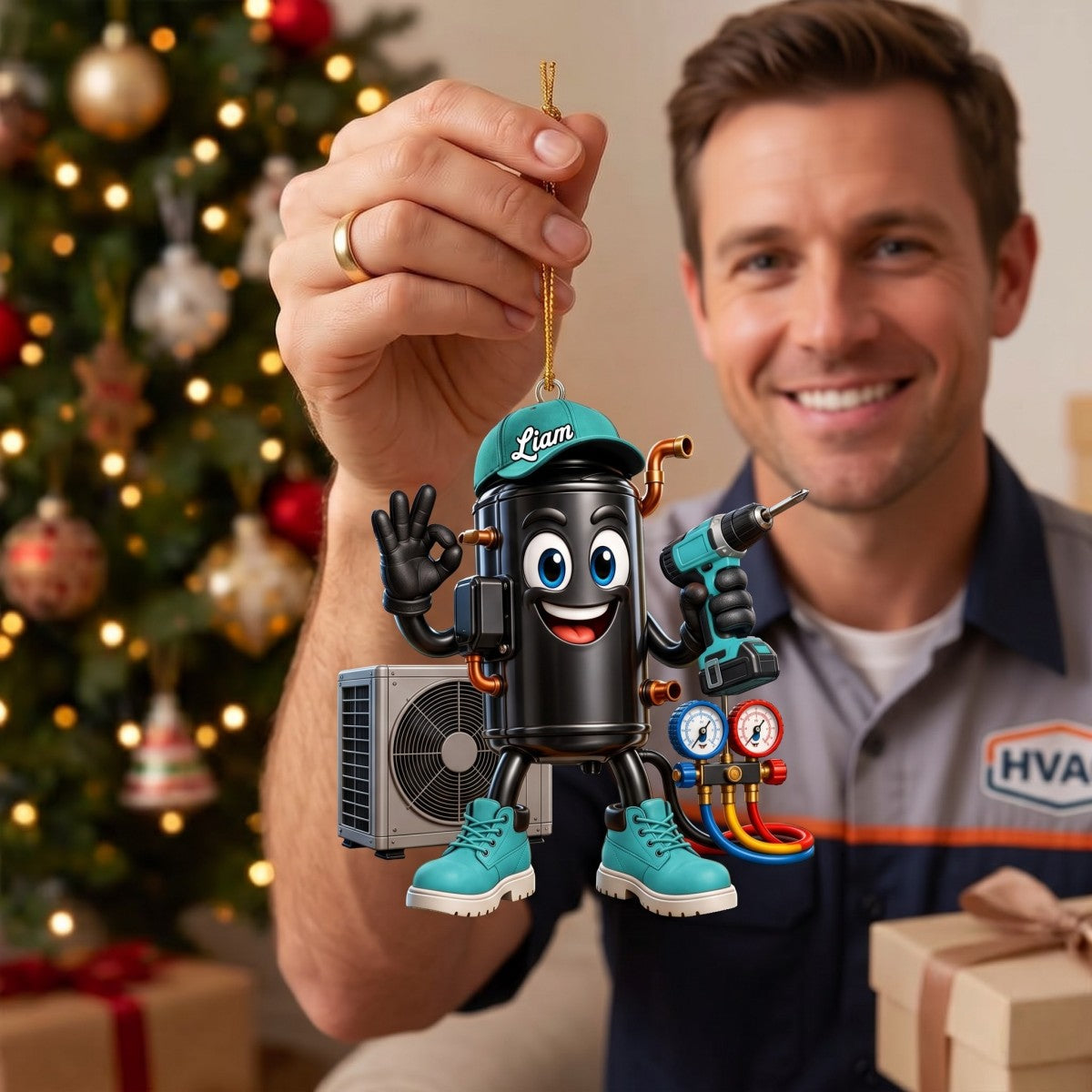 HVAC Compressor Mascot OK Hand Ornament – Funny Personalized Gift for AC Technicians
