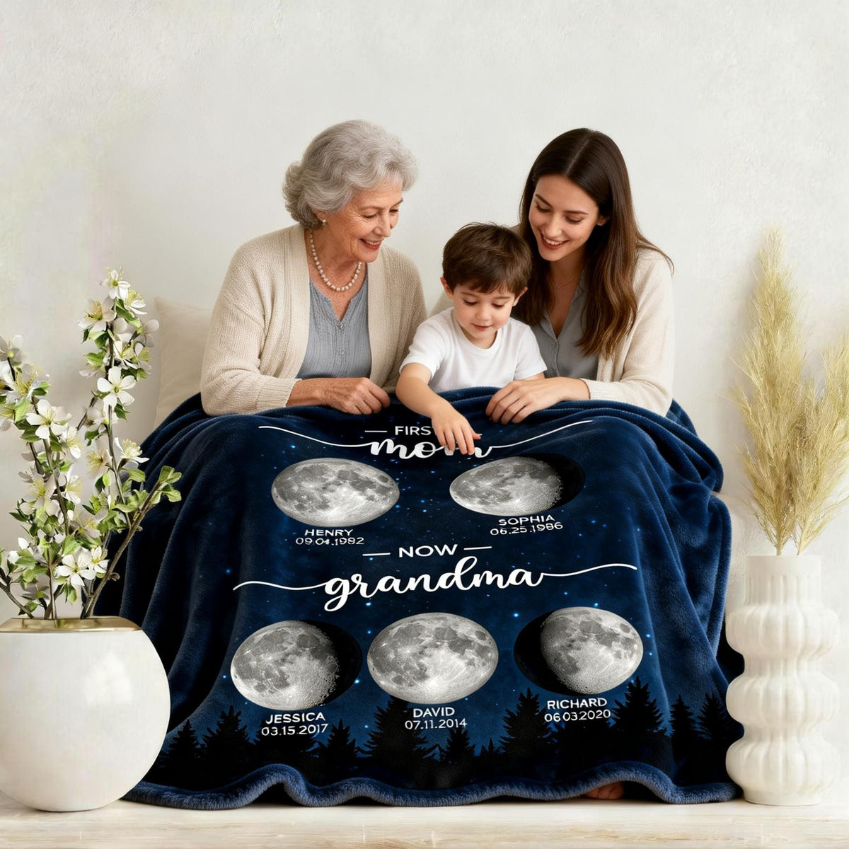 Galaxy Night First Mom Now Grandma Personalized Birth Moon Phase Blanket