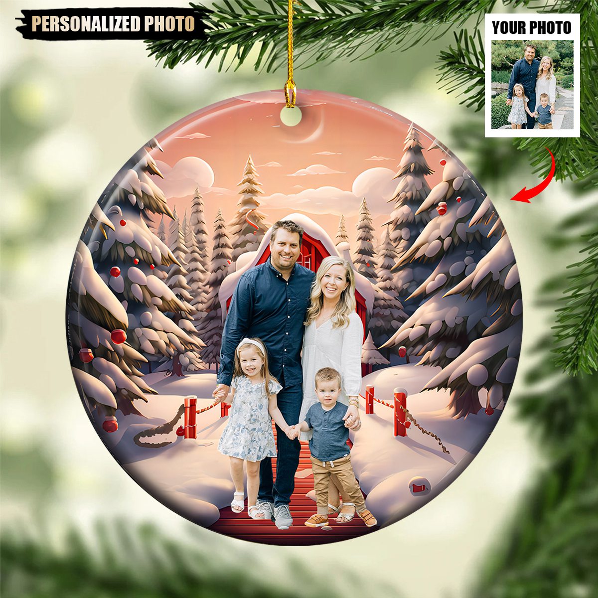 Family Photo Personalized Christmas Snow Ceramic Ornament