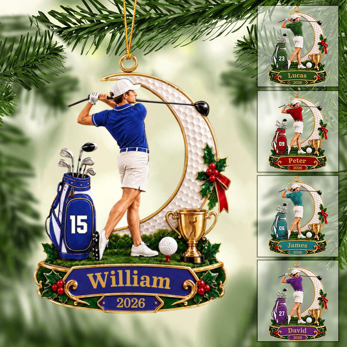 Personalized Male Golfer Christmas Ornament 2026 – Custom Name & Number Acrylic Keepsake | Golf Gift For Him