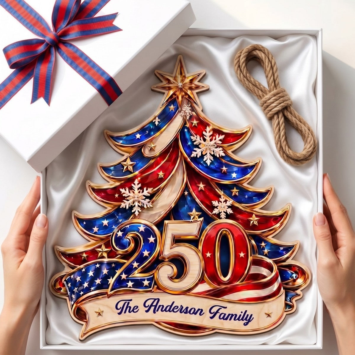 America 250th Anniversary Christmas Tree Wood Sign - Personalized Gifts for Patriotic Family