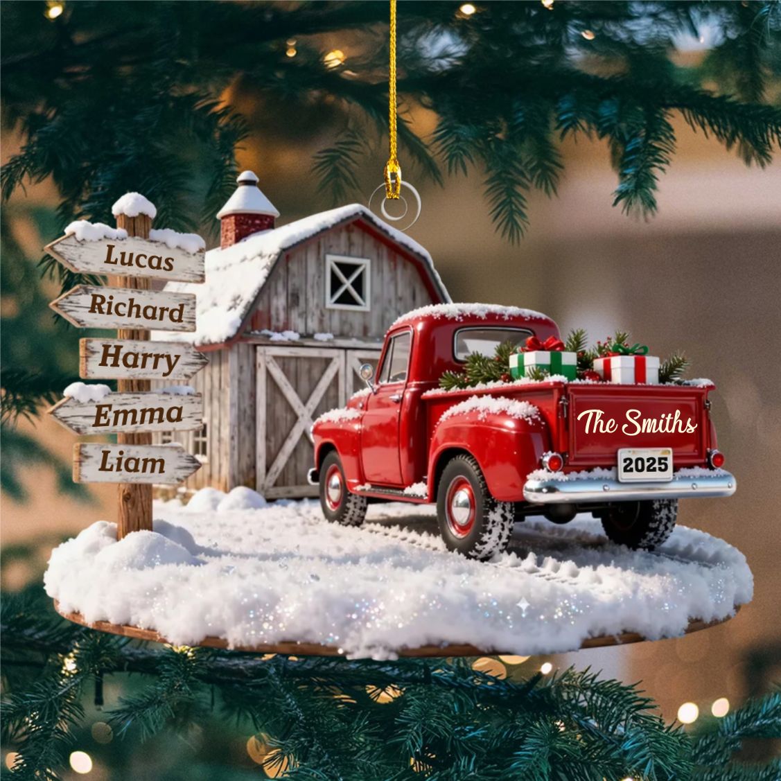 Custom Names Christmas Truck Barn House Family Sign Posts  - Personalized Farmhouse Acrylic Ornament