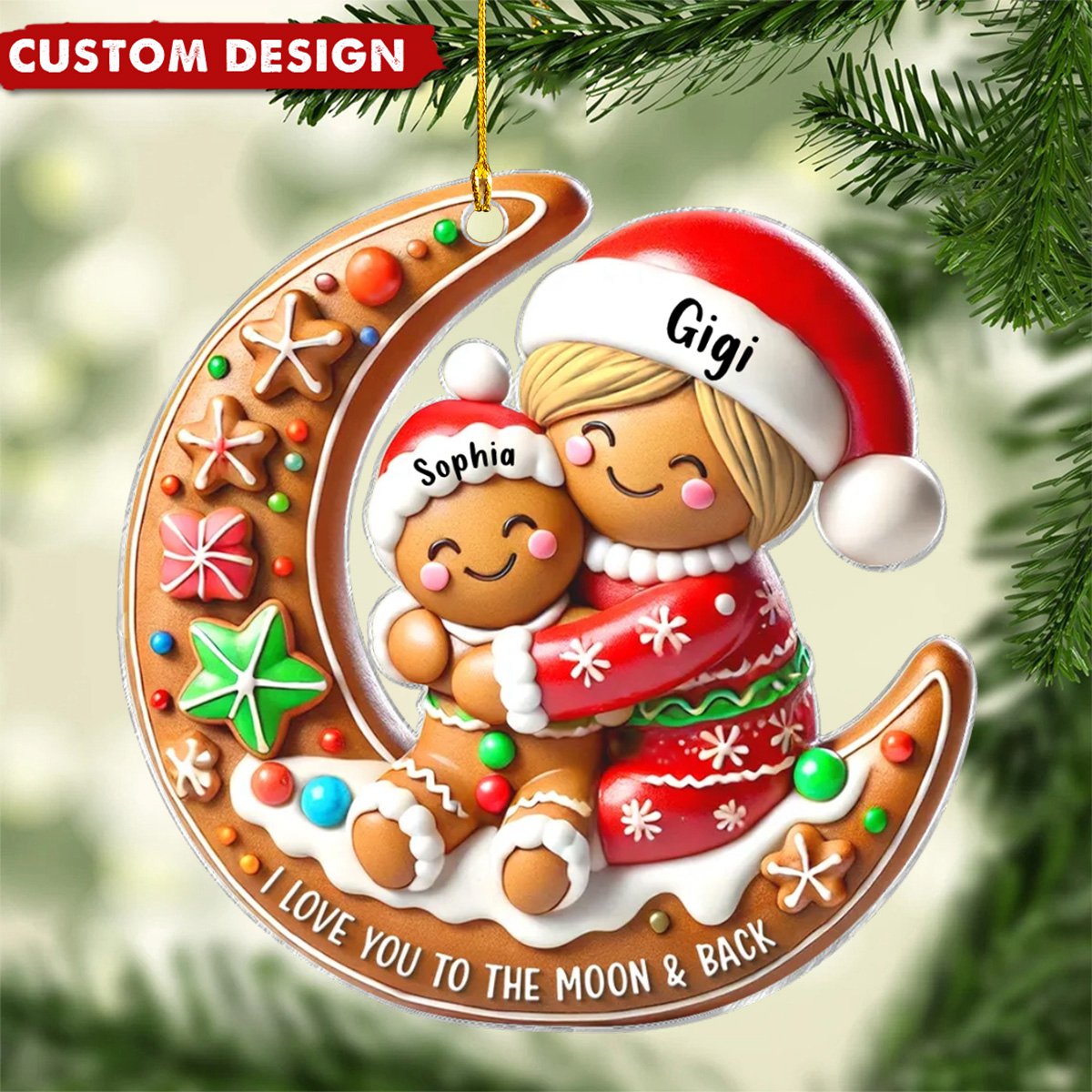 Grandma Hugging Grandkid On Moon - Christmas Personalized Acrylic Ornament