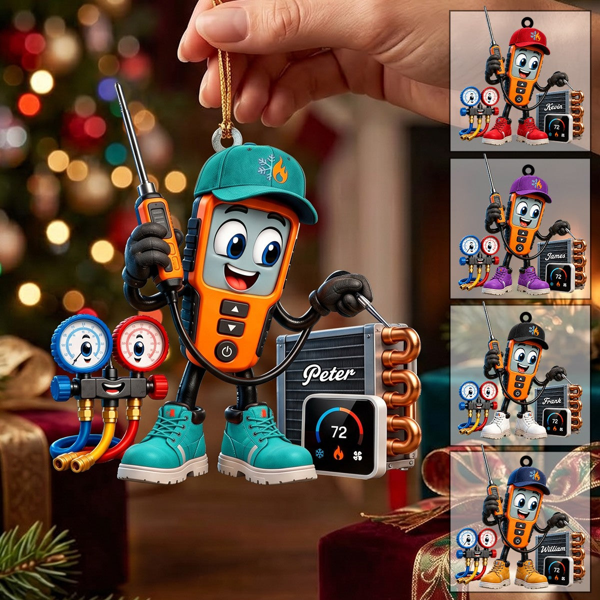 HVAC Digital Meter Mascot Holding Temperature Probe Ornament – Funny Personalized Gift for AC Technicians