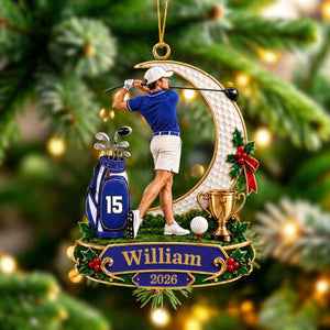 Personalized Male Golfer Christmas Ornament 2026 – Custom Name & Number Acrylic Keepsake | Golf Gift For Him