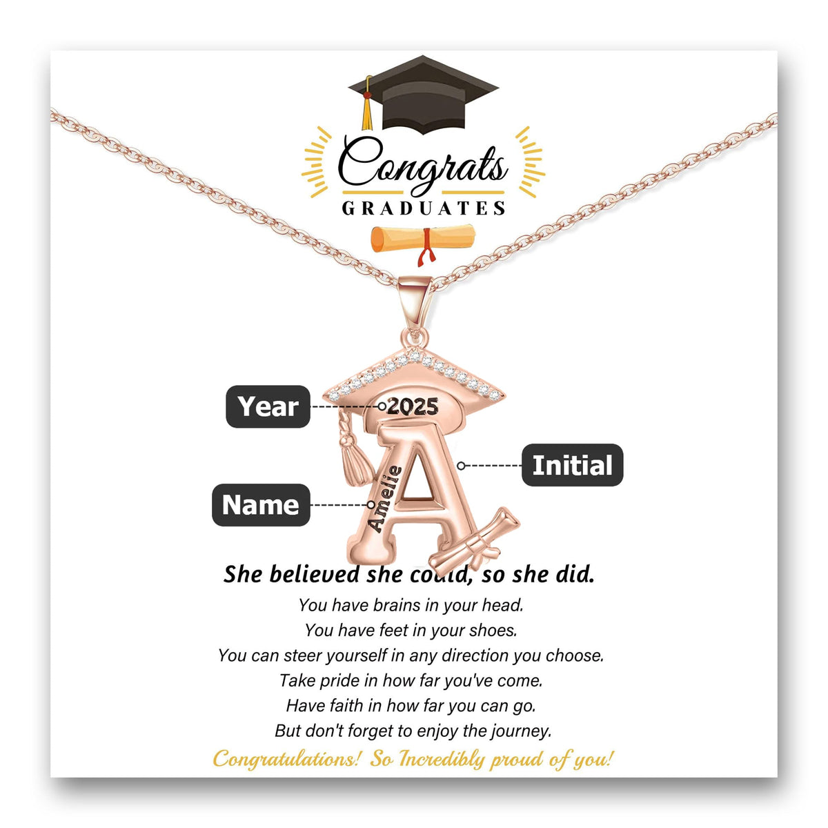 Engraved Name Personalized Bachelor Hat Graduation Initial Necklace