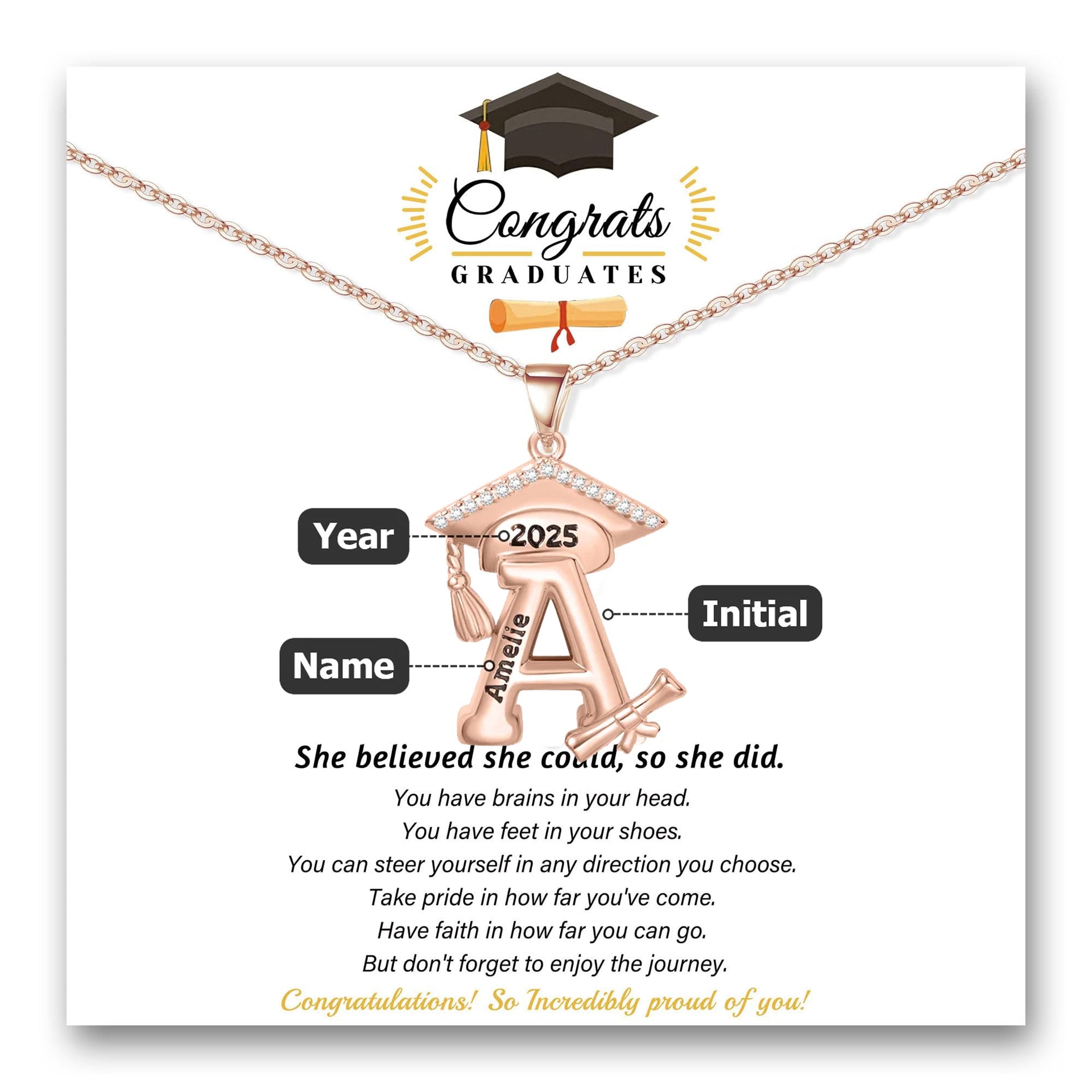 Engraved Name Personalized Bachelor Hat Graduation Initial Necklace