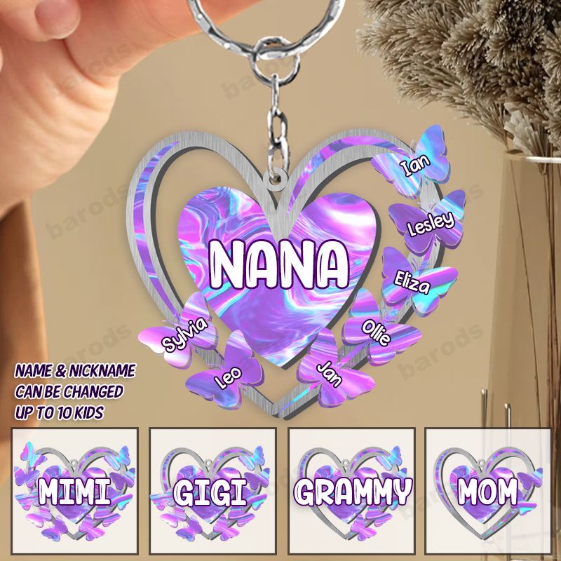 Grandma, Mom, Nana Hologram Heart Butterfly Kids - Personalized Keychain