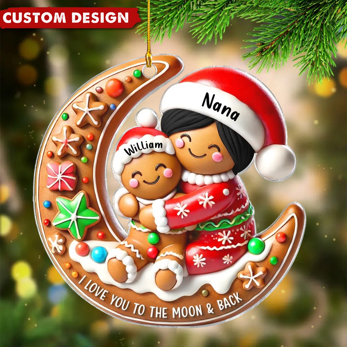 Grandma Hugging Grandkid On Moon - Christmas Personalized Acrylic Ornament