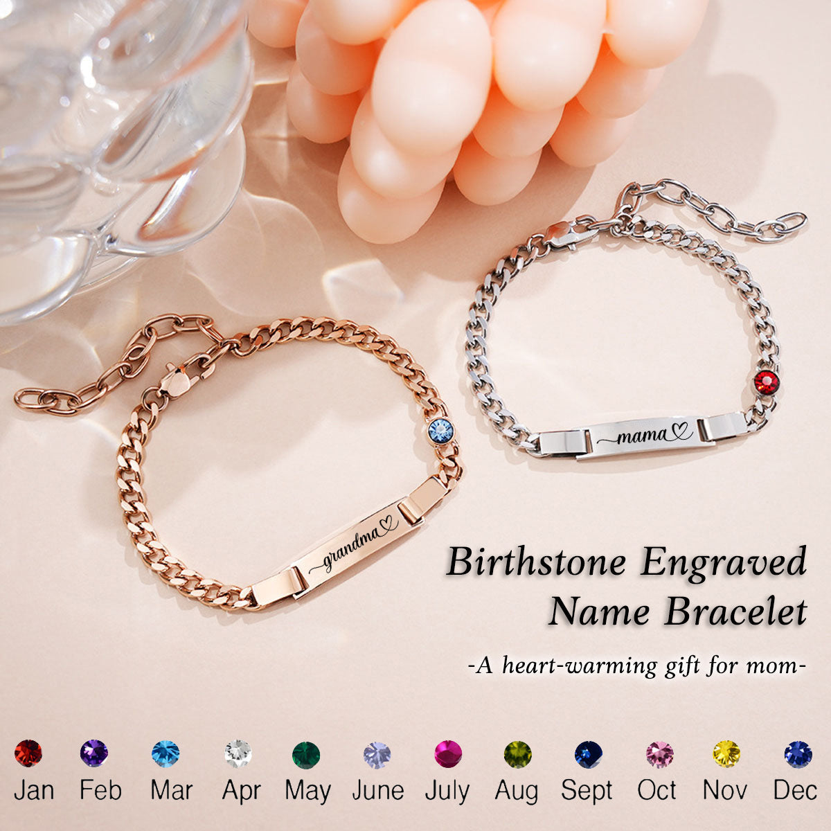 Engraved Name Birthstone Bracelet For Mom Grandma