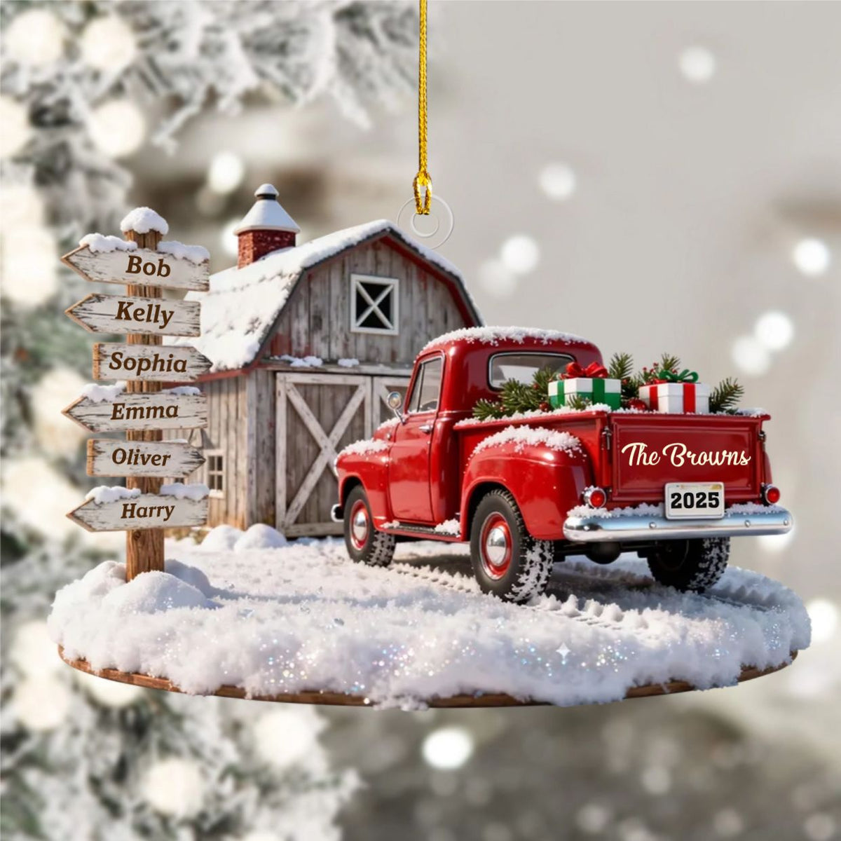 Custom Names Christmas Truck Barn House Family Sign Posts  - Personalized Farmhouse Acrylic Ornament