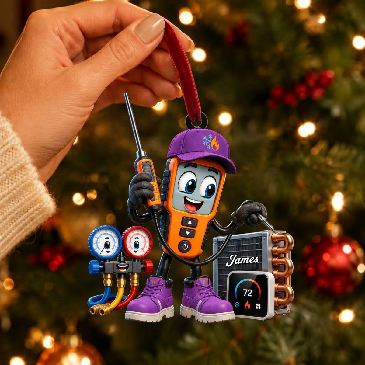 HVAC Digital Meter Mascot Holding Temperature Probe Ornament – Funny Personalized Gift for AC Technicians