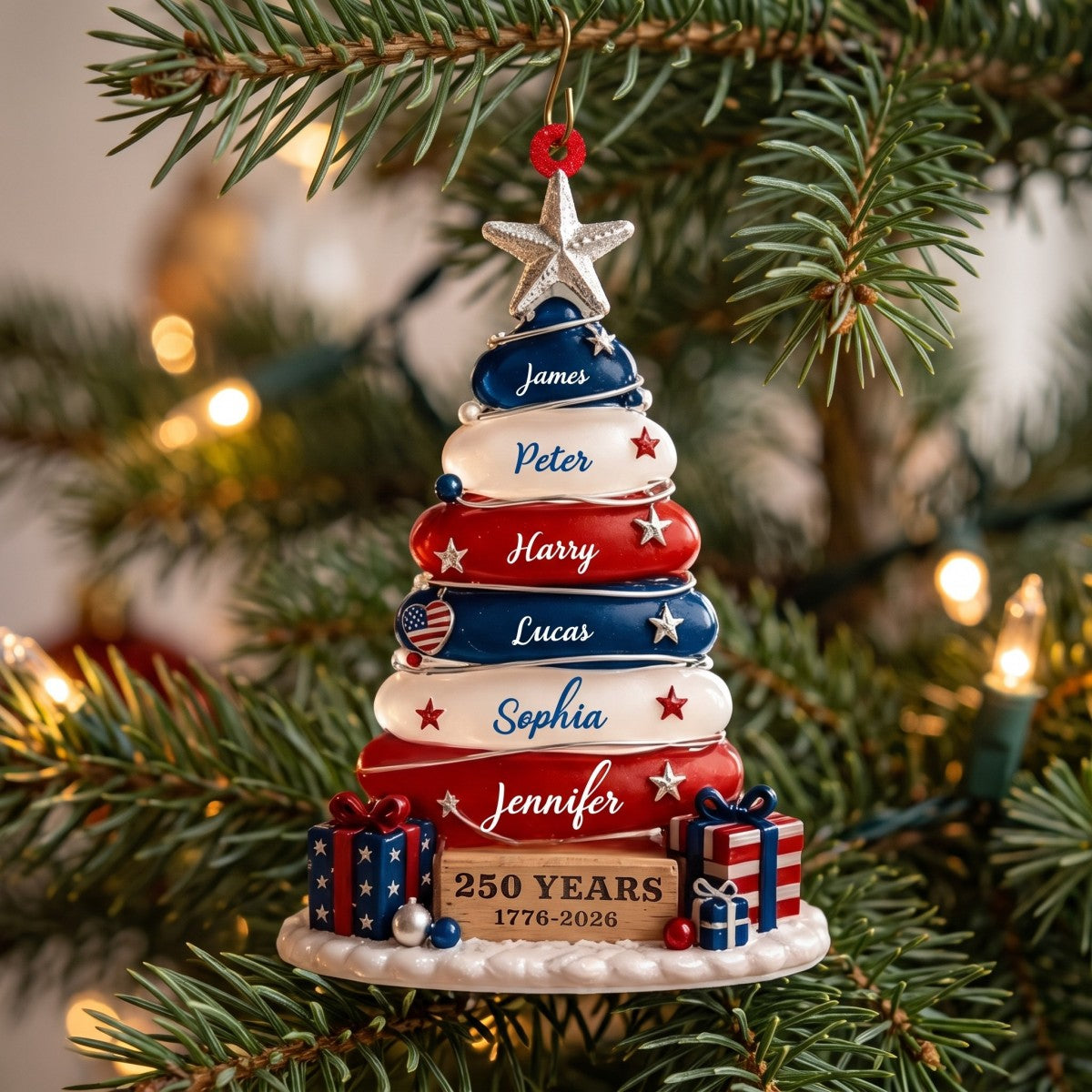 Blue, White & Red Stone Christmas Tree Ornament - Family Personalized Gift For USA 250th Anniversary