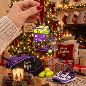 Personalized Tennis Ball Cart Christmas Ornament – Custom Name 2026 | Acrylic Keepsake Gift For Tennis Coach & Player