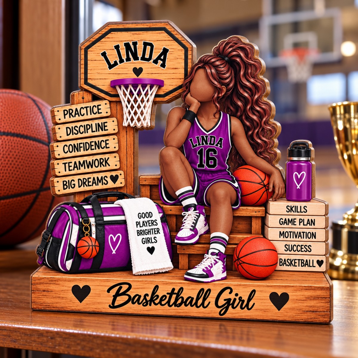 Personalized Basketball Girl Wooden Plaque – Custom Name Player Display | Gift For Daughters, Teammates & Basketball Lovers