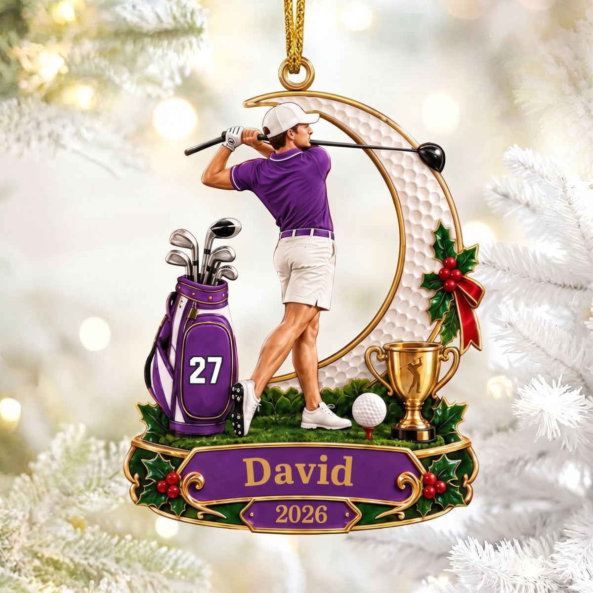 Personalized Male Golfer Christmas Ornament 2026 – Custom Name & Number Acrylic Keepsake | Golf Gift For Him