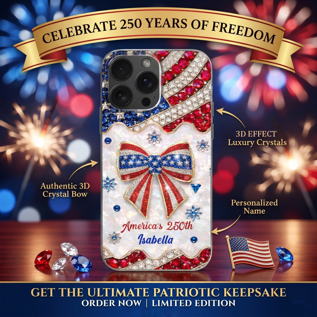 4th of July America's 250th Flag & Bow Personalized Phone Case