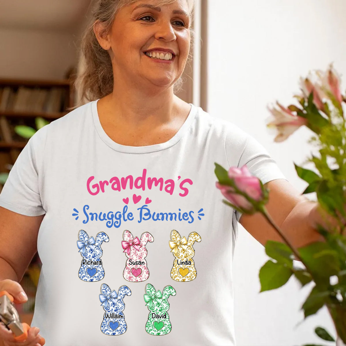 Grandmas Snuggle Bunnies Ribbon Easter Day - Personalized Pure Cotton T-Shirt