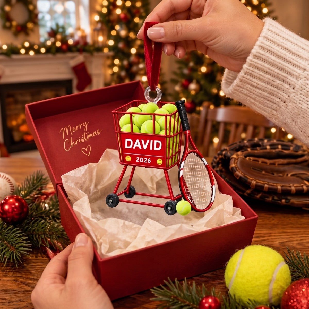 Personalized Tennis Ball Cart Christmas Ornament – Custom Name 2026 | Acrylic Keepsake Gift For Tennis Coach & Player