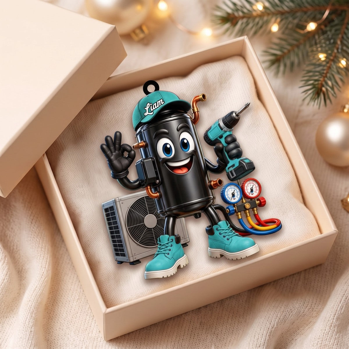HVAC Compressor Mascot OK Hand Ornament – Funny Personalized Gift for AC Technicians
