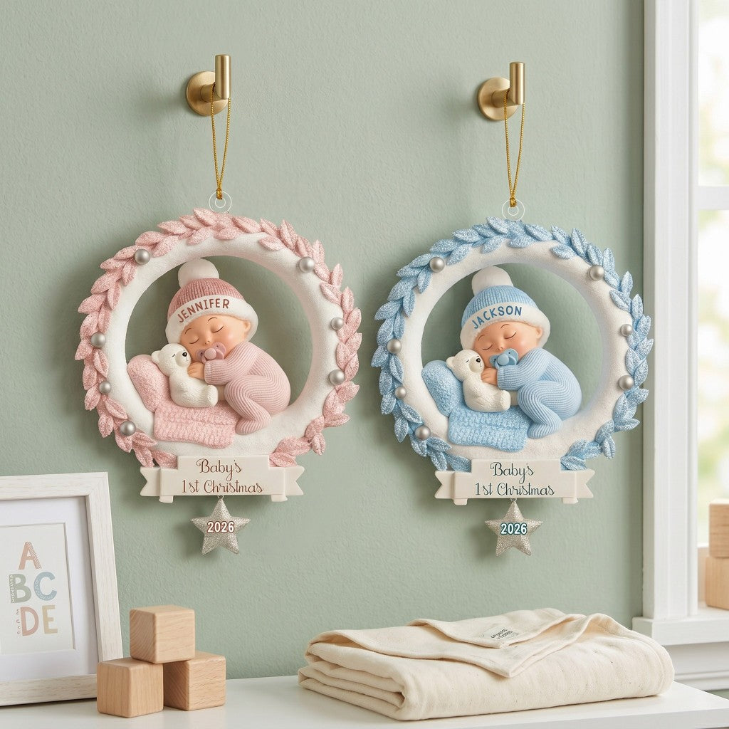 Baby And Wreath – Baby's 1st Christmas Personalized Ornament