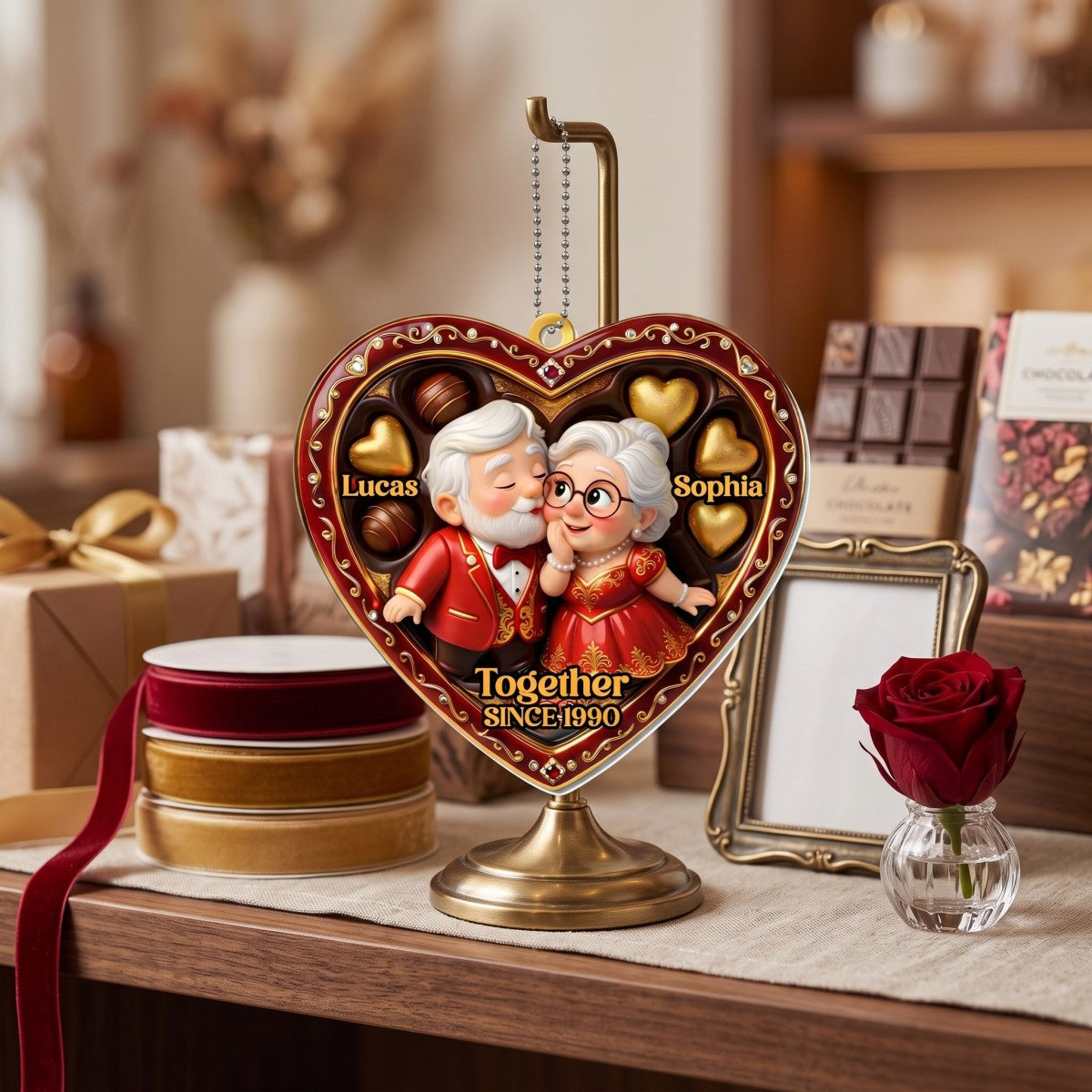"Together Since [Year]" Heart Ornament With Elderly Couple – Personalized Gift For Grandparents & Couples