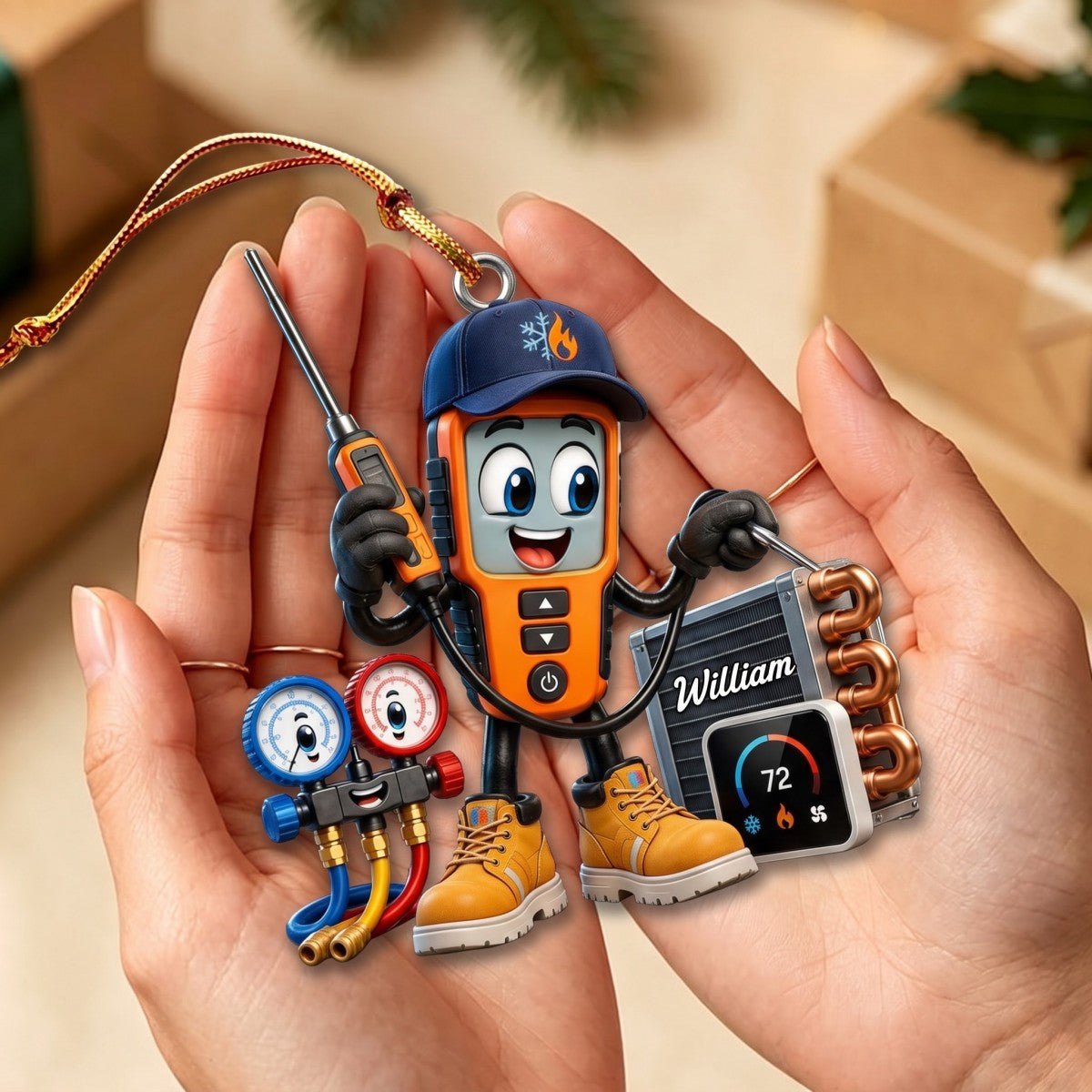 HVAC Digital Meter Mascot Holding Temperature Probe Ornament – Funny Personalized Gift for AC Technicians