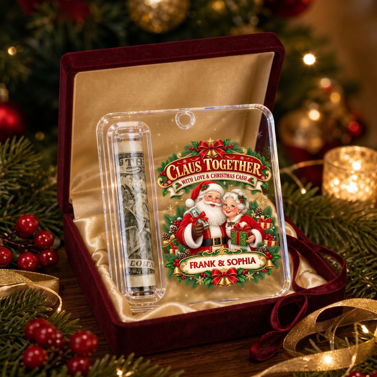 Custom Name Couple Christmas Money Holder Acrylic Ornament – Personalized Holiday Keepsake