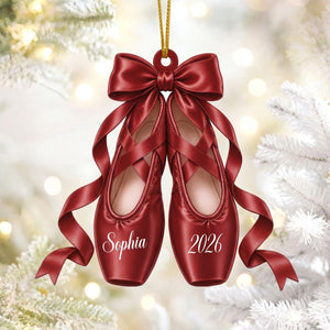 Personalized Ballet Pointe Shoes Christmas Ornament 2026 – Custom Name, Bow & Ribbon Acrylic Keepsake | Ballerina Recital Gift