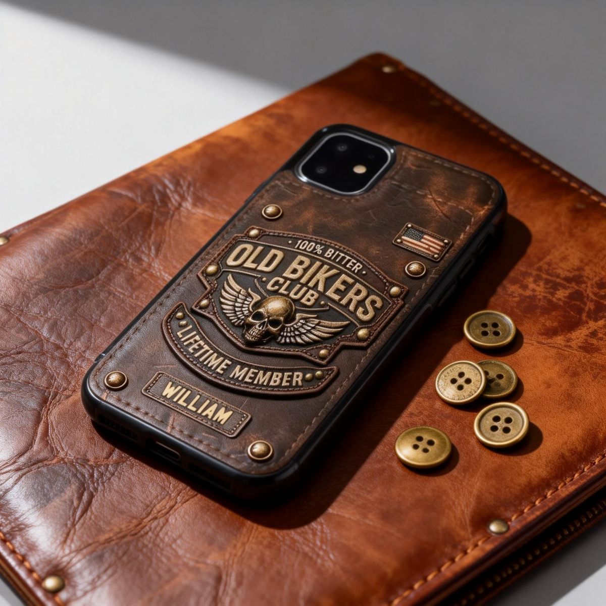 Old Bikers Club Leather Wallet Phone Case, Personalized Phone Case for Motorcycle Rider