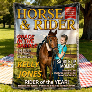Born To Ride Custom Photo HORSE & RIDER Magazine Cover Personalized Blanket Gift for Horse Lovers